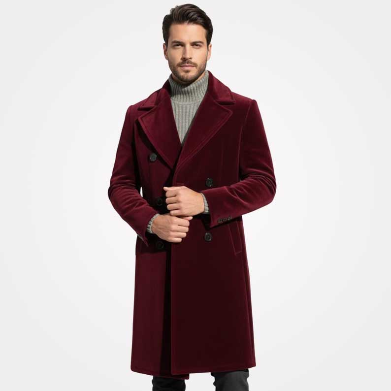 Men's burgundy velvet long double breasted overcoat by Jackets Kingdom