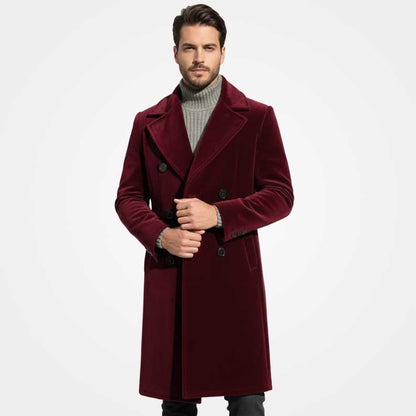 Men's burgundy velvet long double breasted overcoat by Jackets Kingdom