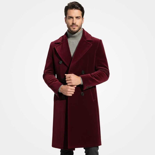 Men's burgundy velvet long double breasted overcoat by Jackets Kingdom