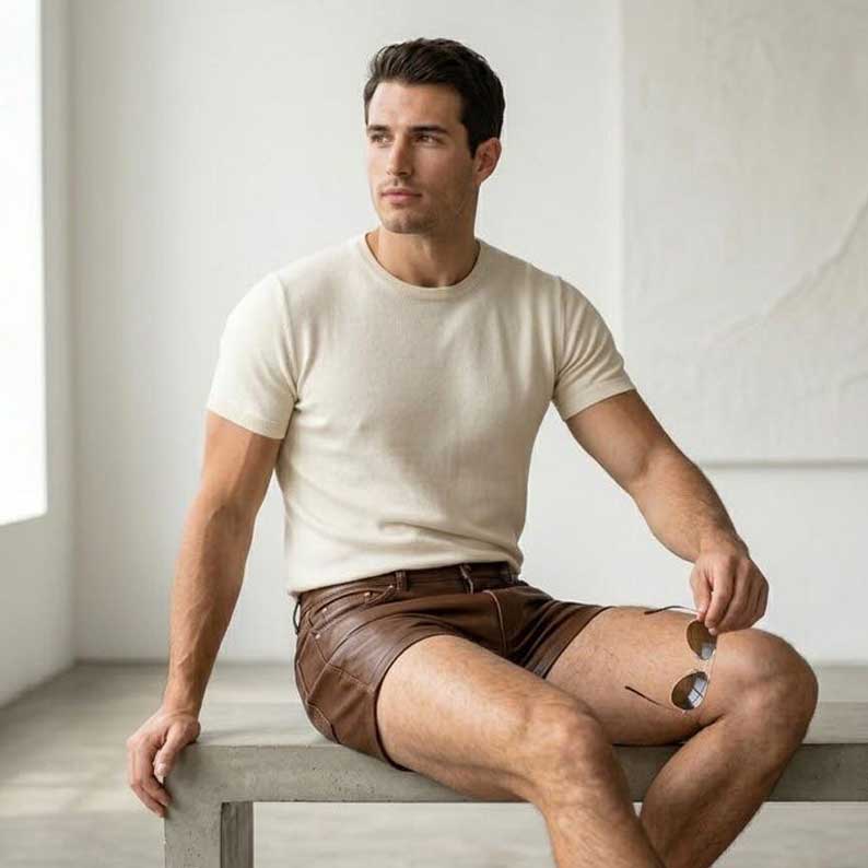 Men's casual brown leather shorts with four functional pockets and button fly by Jackets Kingdom