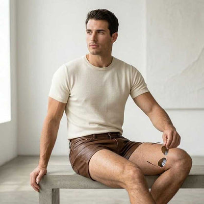 Men's casual brown leather shorts with four functional pockets and button fly by Jackets Kingdom