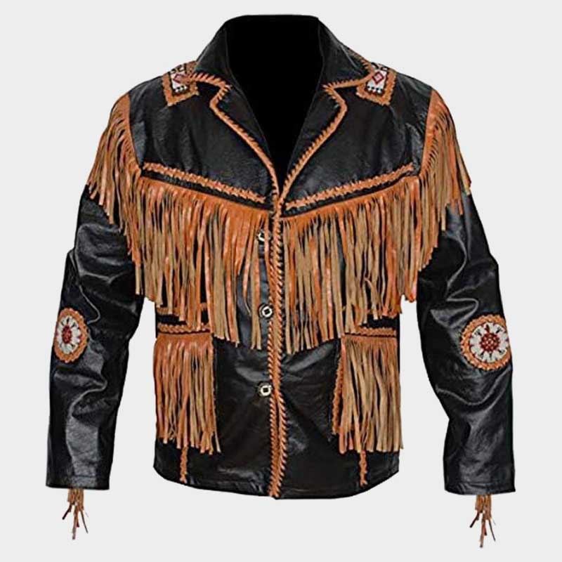 Men's cowboy cowhide leather jacket with authentic fringe detailing and hand-beaded accents