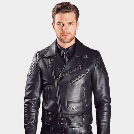 Men's cowhide leather biker jacket with quilted front and back panels and Brando design
