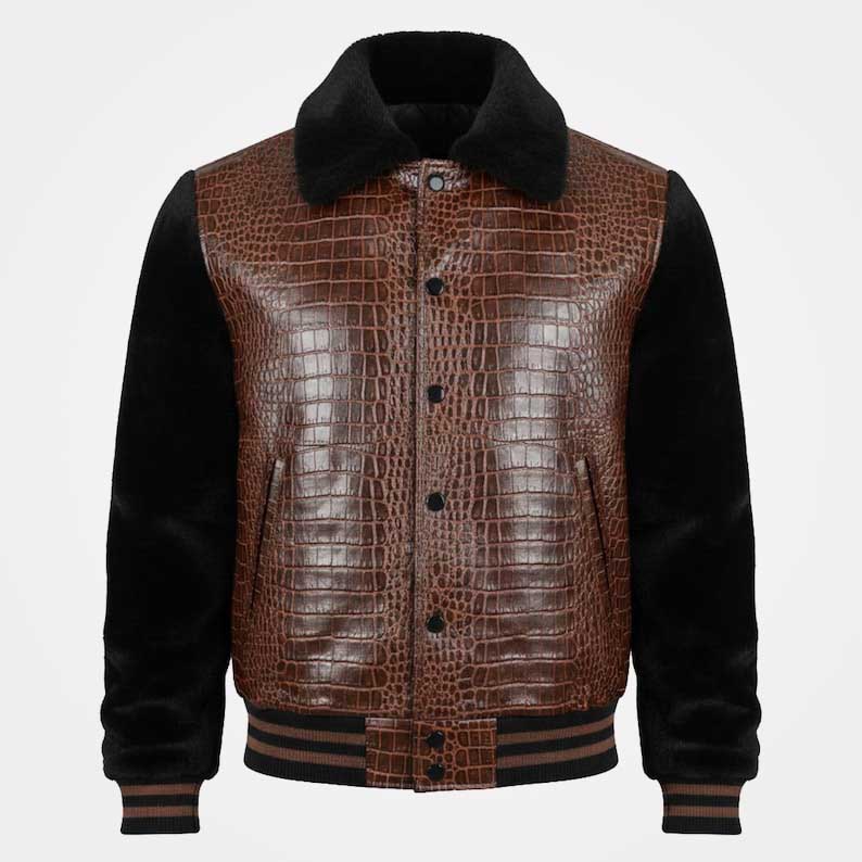 Men's crocodile embossed PU leather varsity jacket with faux fur sleeves by Jackets Kingdom