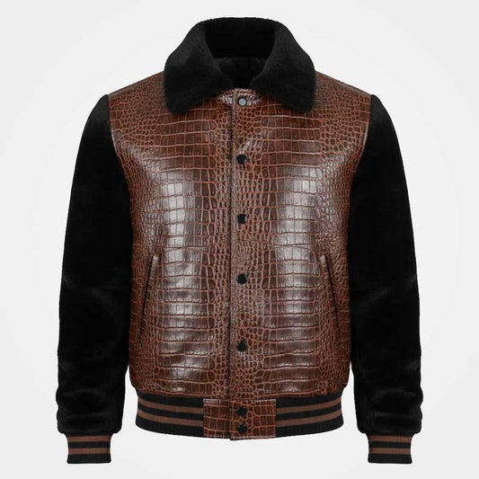 Men's crocodile embossed PU leather varsity jacket with faux fur sleeves by Jackets Kingdom