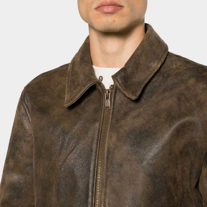 Men's dark brown shearling jacket with smooth zipper closure and two side pockets