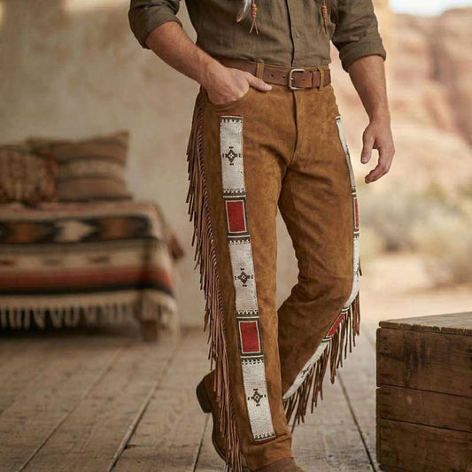 Men's fringed suede leather trousers with hand-beaded detailing and Western fringe accents