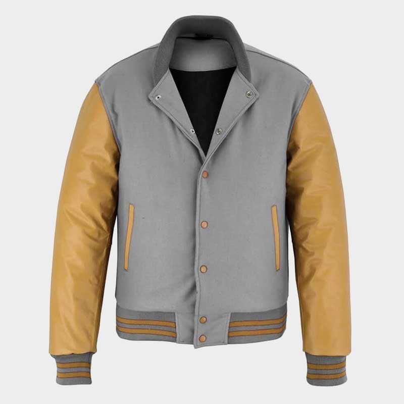 Men's gray wool jacket gold leather sleeves showing tailored structured silhouette and contrast design