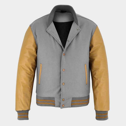 Men's gray wool jacket gold leather sleeves showing tailored structured silhouette and contrast design