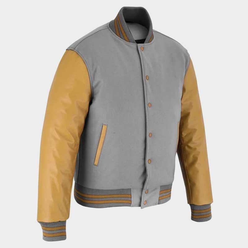 Men's gray wool jacket gold leather sleeves side view showing designer statement piece styling