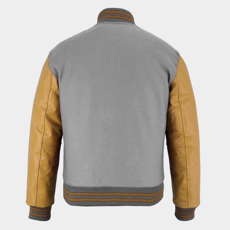 Men's gray wool jacket with gold leather sleeves back view displaying premium craftsmanship