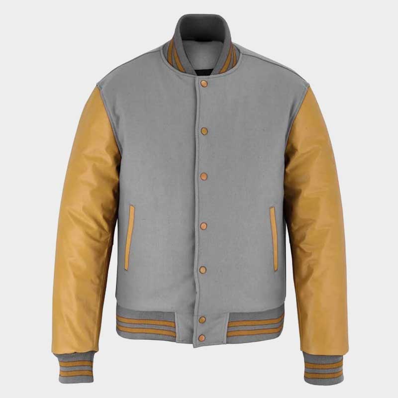 Men's gray wool jacket with gold leather sleeves handcrafted designer style front view luxury outerwear