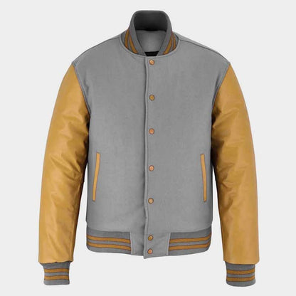 Men's gray wool jacket with gold leather sleeves handcrafted designer style front view luxury outerwear