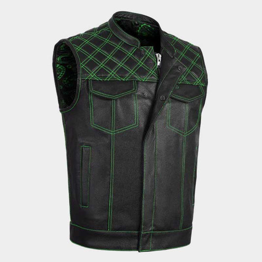 Men's green cross stitch leather biker vest with club style design and natural cowhide