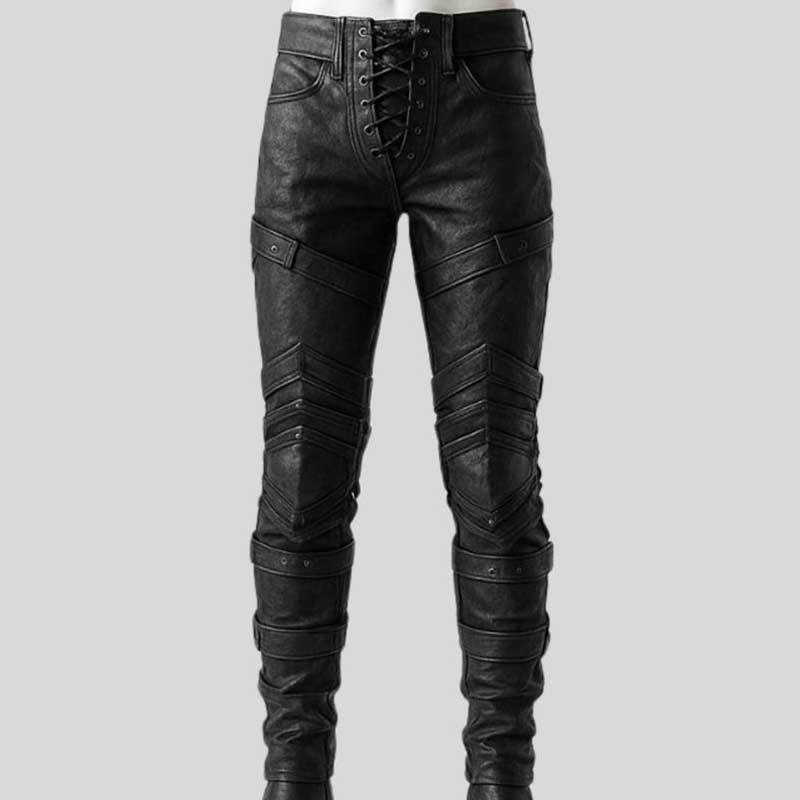 Men's handmade black leather warrior pants with crisscross lace-up front and gothic design