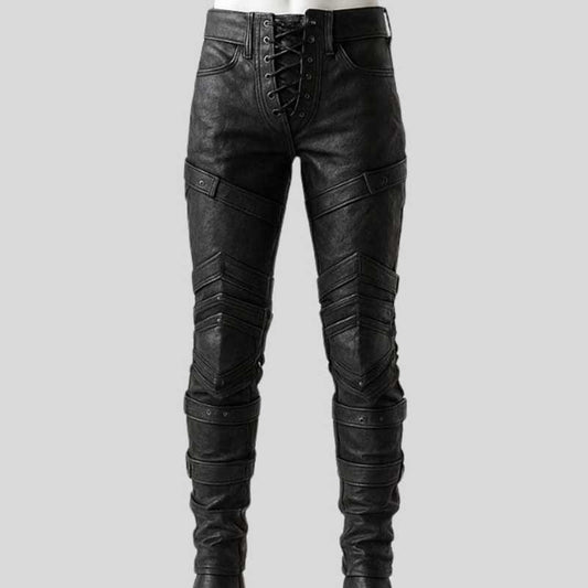 Men's handmade black leather warrior pants with crisscross lace-up front and gothic design