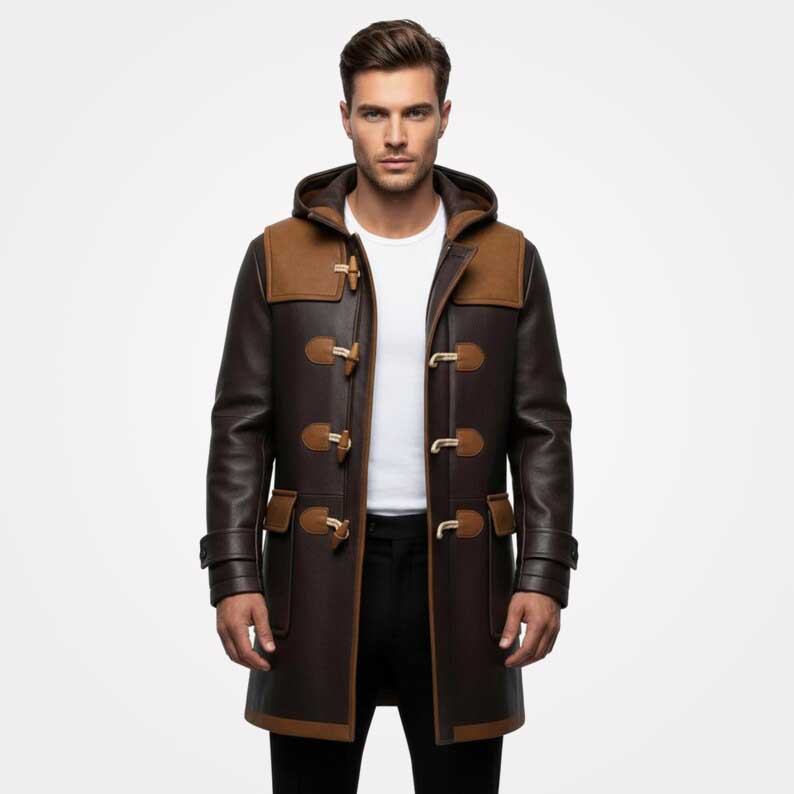 Men's leather duffle coat in two tone handmade design by Jackets Kingdom