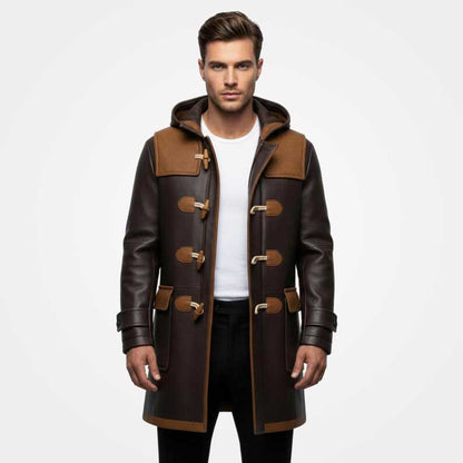 Men's leather duffle coat in two tone handmade design by Jackets Kingdom