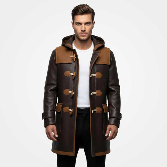 Men's leather duffle coat in two tone handmade design by Jackets Kingdom