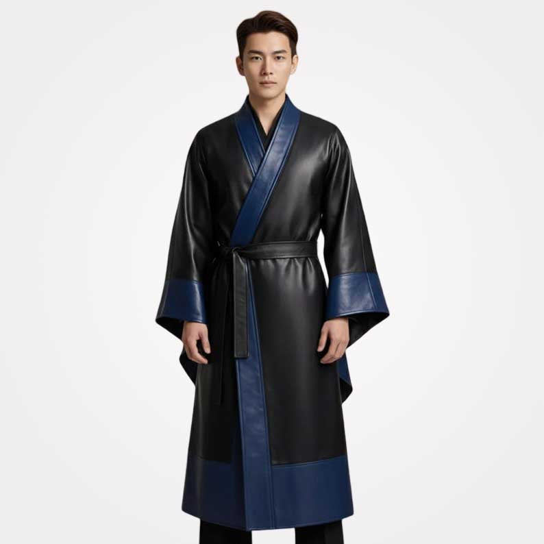 Men's leather kimono samurai coat in black steampunk style by Jackets Kingdom