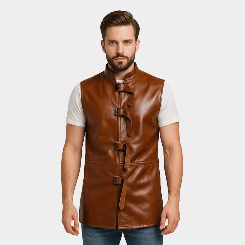 Men's leather vest with Gothic buckle style closures by Jackets Kingdom