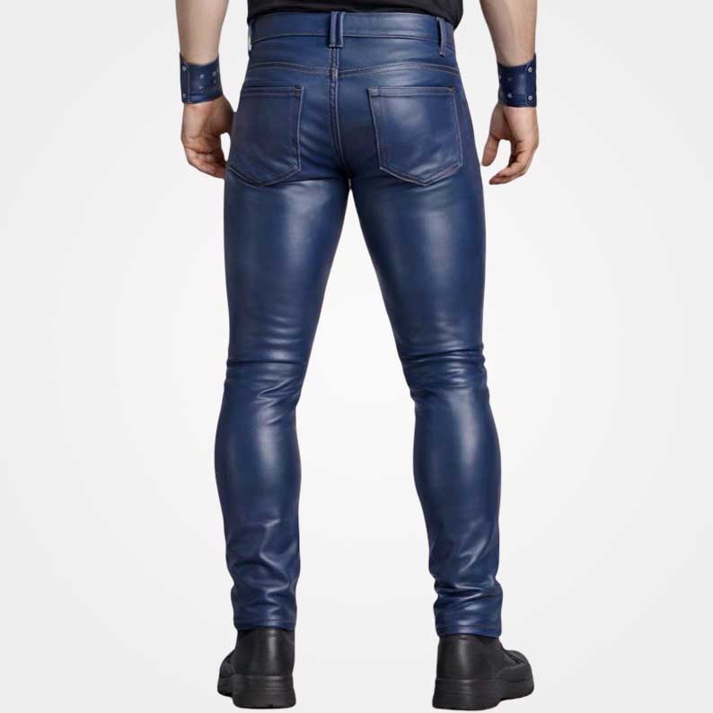 Men's premium leather trousers featuring rich deep blue finish by Jackets Kingdom