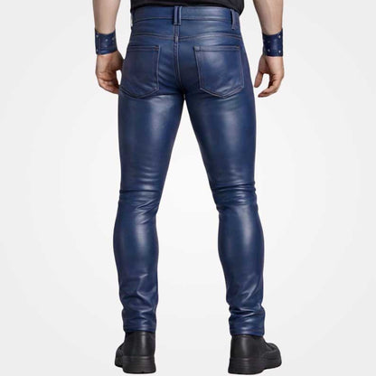 Men's premium leather trousers featuring rich deep blue finish by Jackets Kingdom