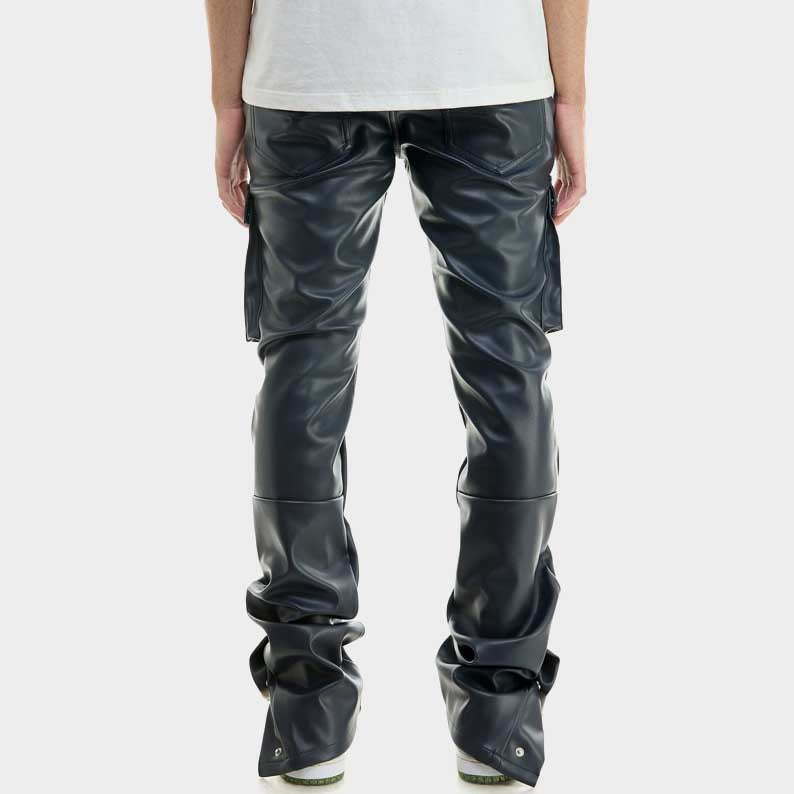Men's real leather cargo pants in navy blue showing detailed stitching by Jackets Kingdom
