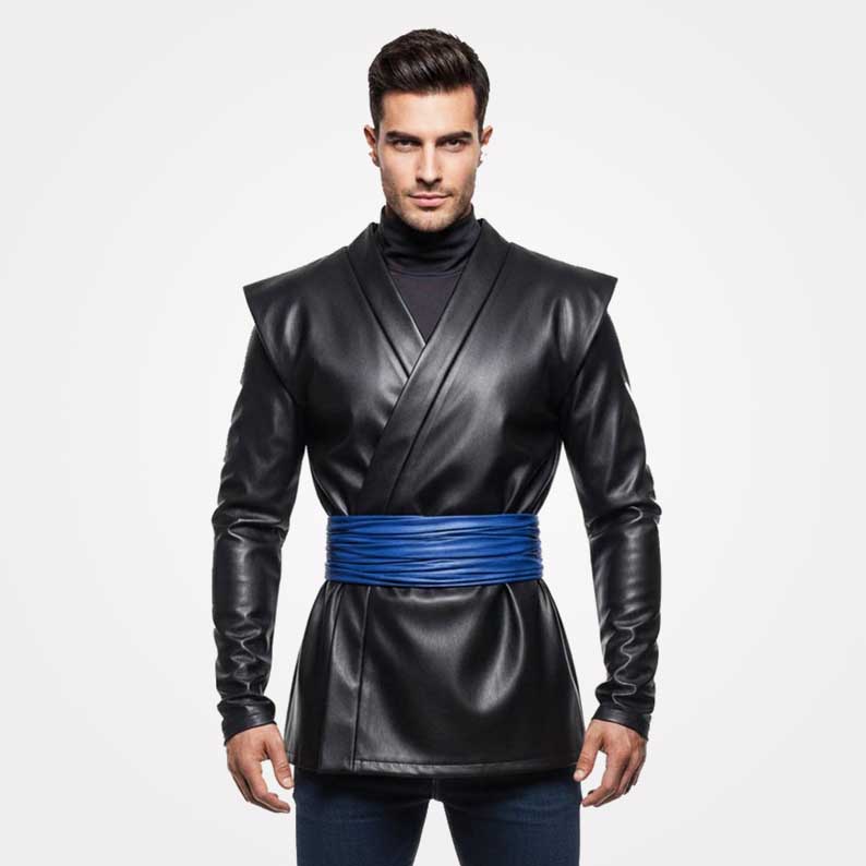 Men's real leather kimono jacket with blue waist obi sash by Jackets Kingdom