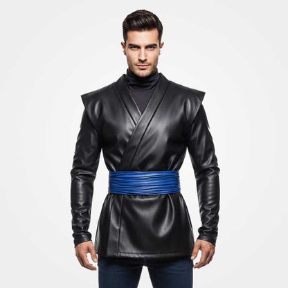 Men's real leather kimono jacket with blue waist obi sash by Jackets Kingdom