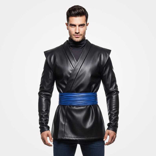 Men's real leather kimono jacket with blue waist obi sash by Jackets Kingdom