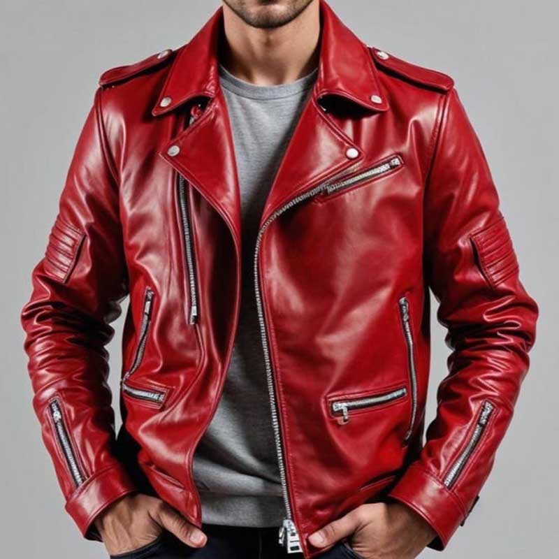 Men's red lambskin leather biker jacket with asymmetrical zipper and slim fit tailoring