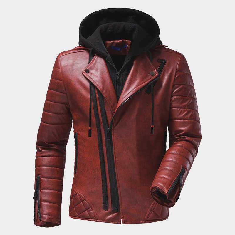 Men's red leather hooded biker jacket front view with asymmetrical zipper by Jackets Kingdom