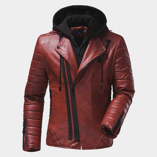 Men's red leather hooded biker jacket front view with asymmetrical zipper by Jackets Kingdom
