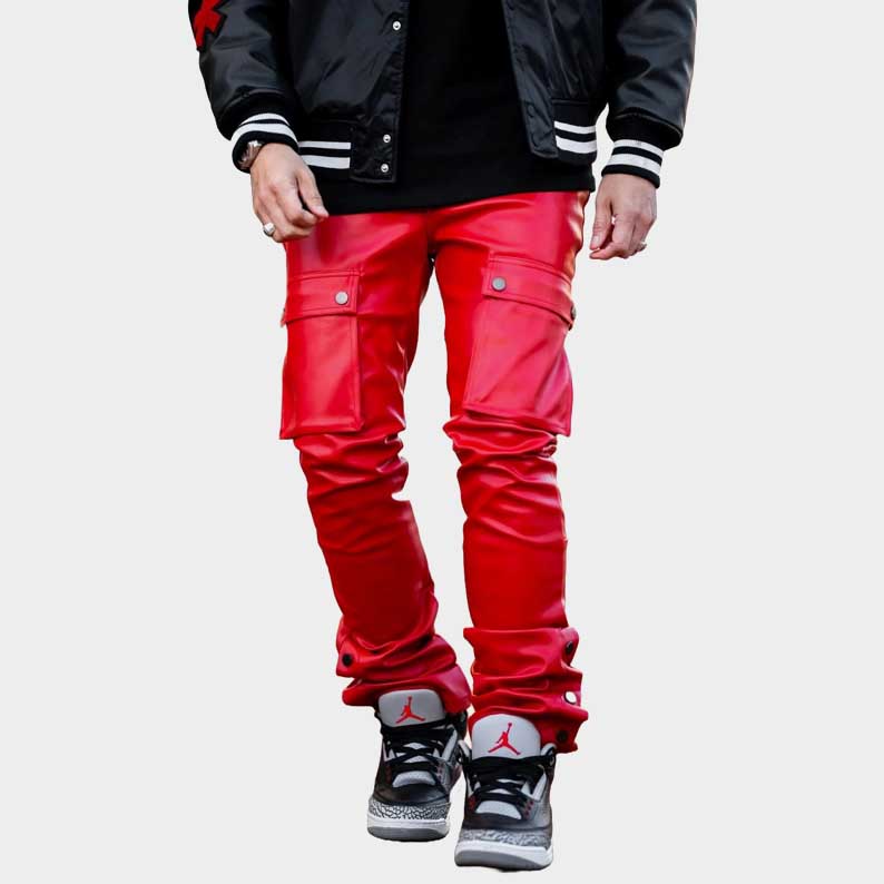 Men's red leather pants with YKK zippers and cargo pockets by Jackets Kingdom