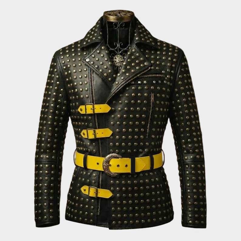 Men's studded leather jacket handmade steampunk rockstar design front view by Jackets Kingdom