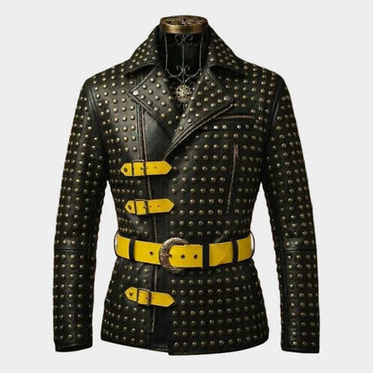 Men's studded leather jacket handmade steampunk rockstar design front view by Jackets Kingdom