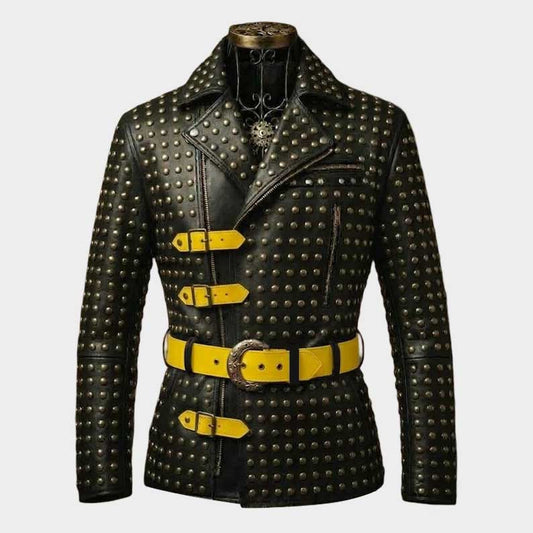 Men's studded leather jacket handmade steampunk rockstar design front view by Jackets Kingdom