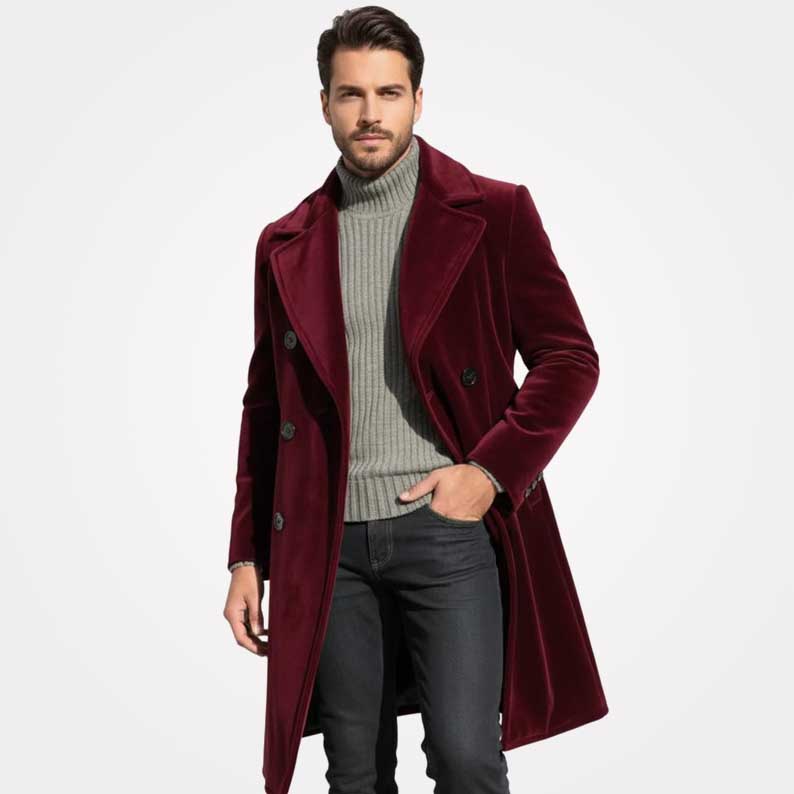 Men's tailored velvet trench coat for winter and evening wear by Jackets Kingdom