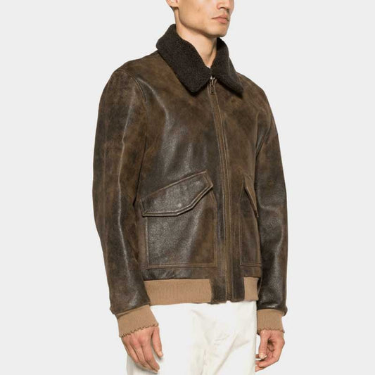 Men's vintage dark brown shearling bomber leather jacket with removable shearling collar