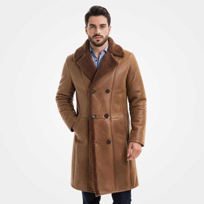 Men's vintage shearling long leather coat with Brando fur collar by Jackets Kingdom