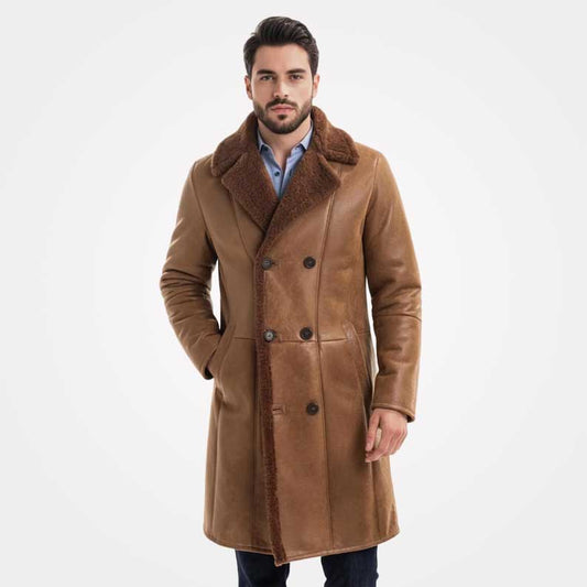 Men's vintage shearling long leather coat with Brando fur collar by Jackets Kingdom