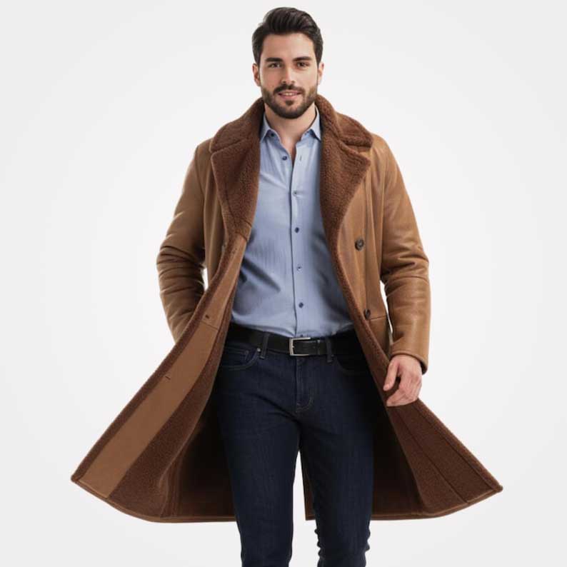Men's winter leather coat showing functional pockets and long cut by Jackets Kingdom