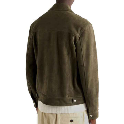Mens Army Green Suede Leather Trucker Jacket - Durable and Stylish