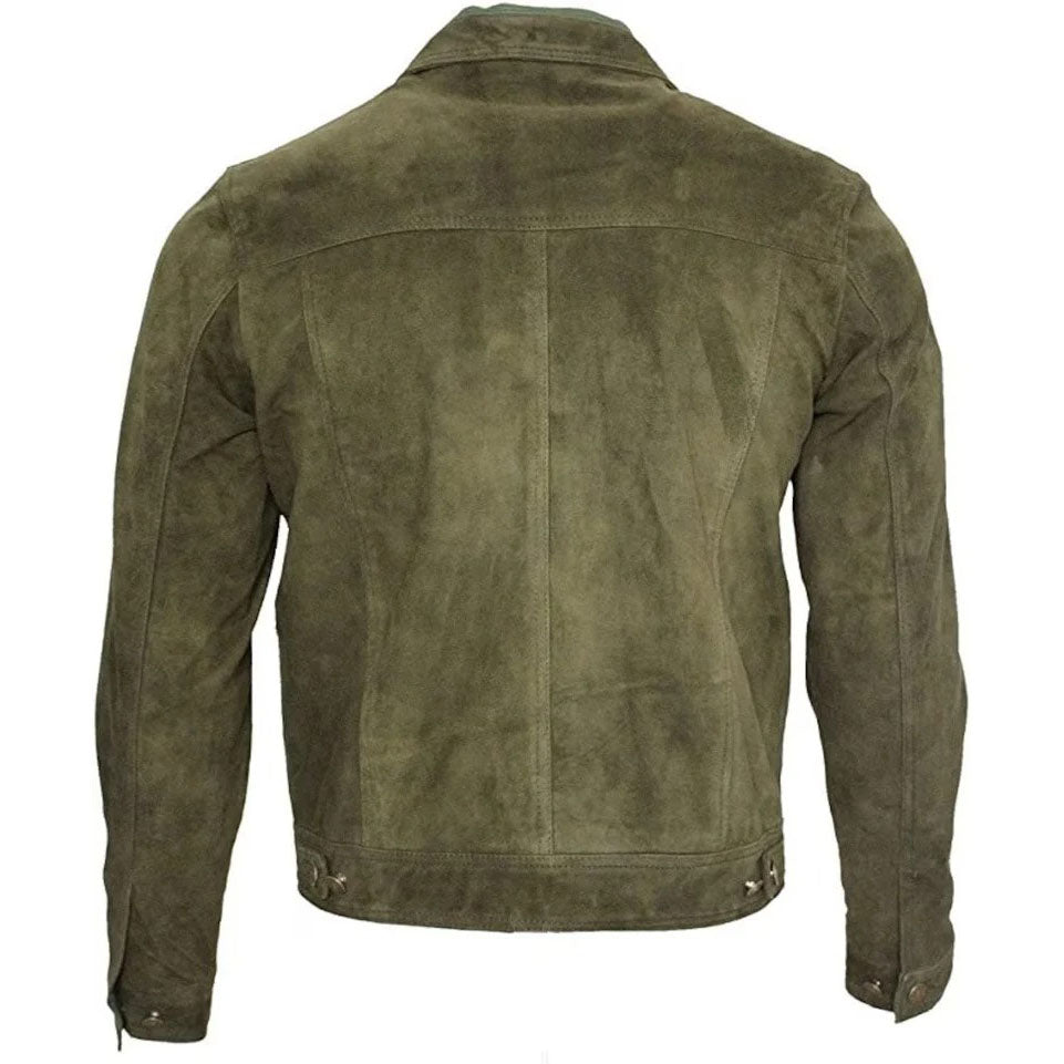 Men's Army Green Suede Trucker Jacket - Real Leather