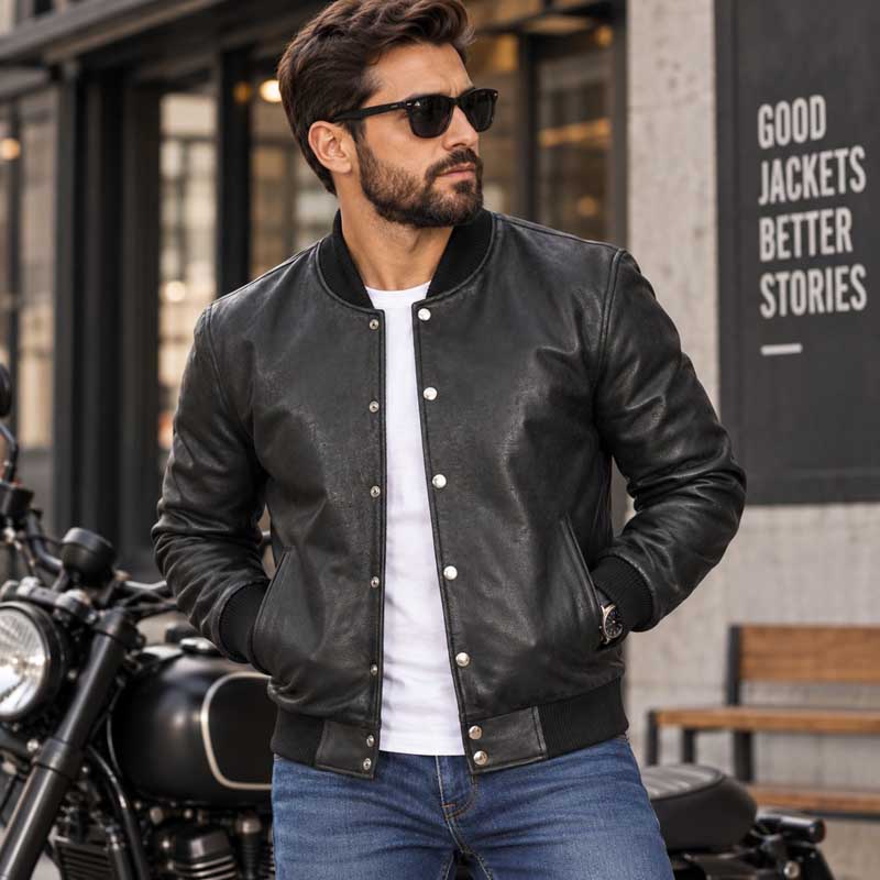 A man wearing a black leather bomber jacket over a white t-shirt and blue jeans, standing in front of a motorcycle and a building wall with the text 'GOOD JACKETS BETTER STORIES'.
