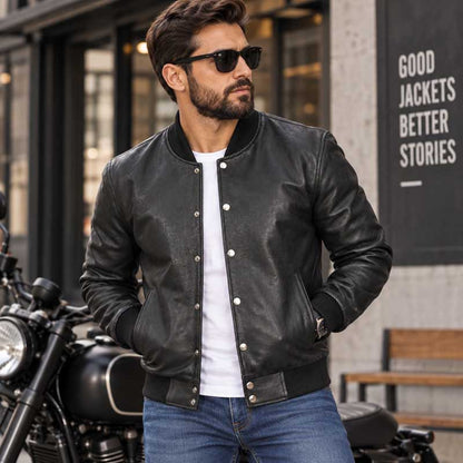 A man wearing a black leather bomber jacket over a white t-shirt and blue jeans, standing in front of a motorcycle and a building wall with the text 'GOOD JACKETS BETTER STORIES'.