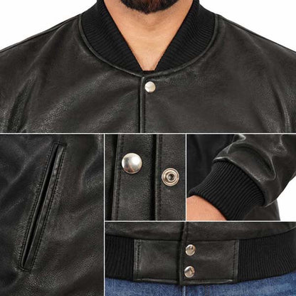 Black leather bomber jacket shown on a model, with close-up inset details of the snap-button placket, chest pocket, ribbed collar, and elasticized hem.