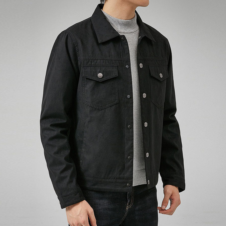Men's Black Suede Leather Casual Jacket with Lapel