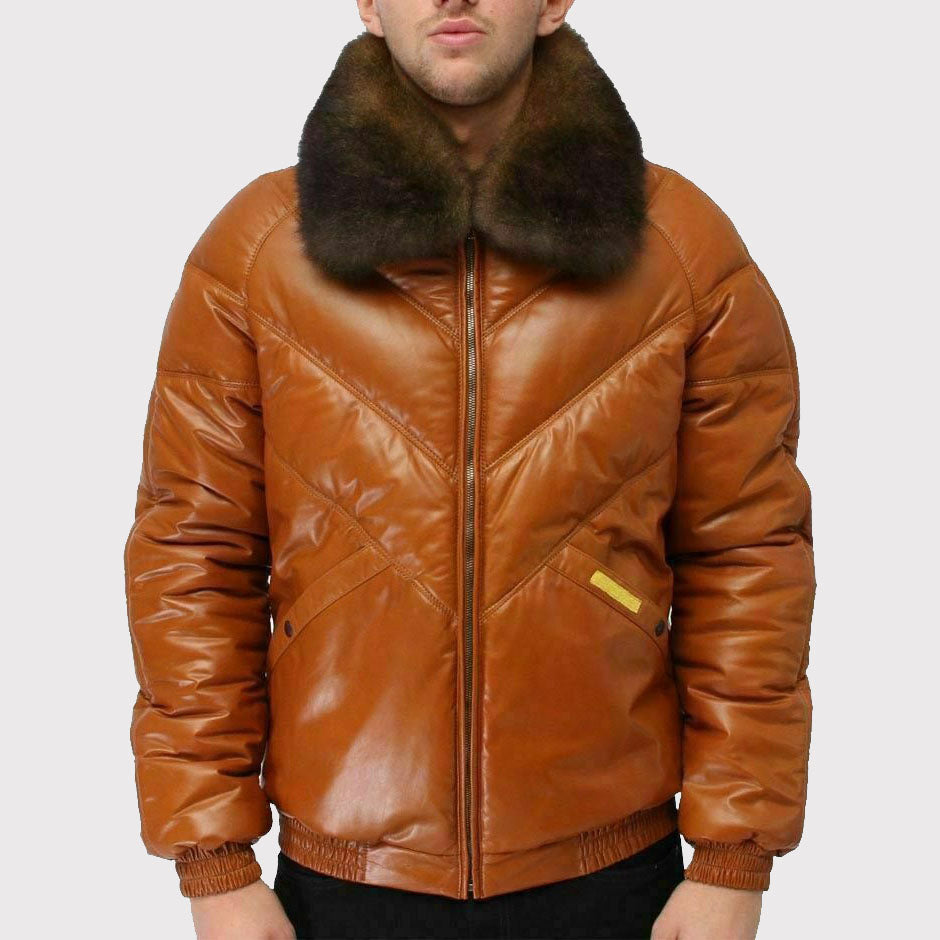 Men's Brown Sheepskin Bubble V Bomber Jacket with Fox Fur Collar